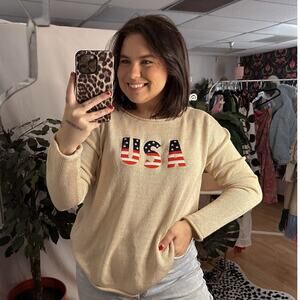 USA Crew Neck Knit Pullover Sweater Tan Size Medium